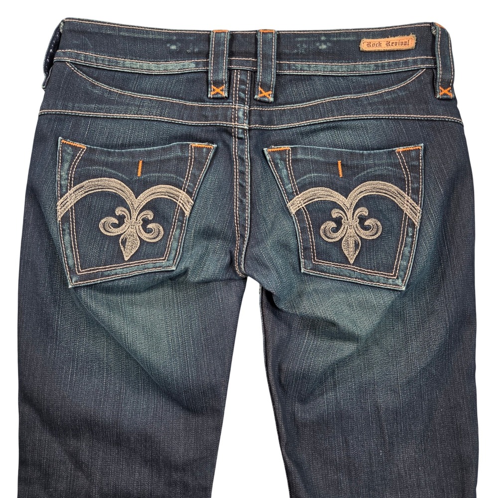 Rock Revival Raquel Bootcut Jeans Womens 29 Blue Dark Wash Embroidered Low Rise